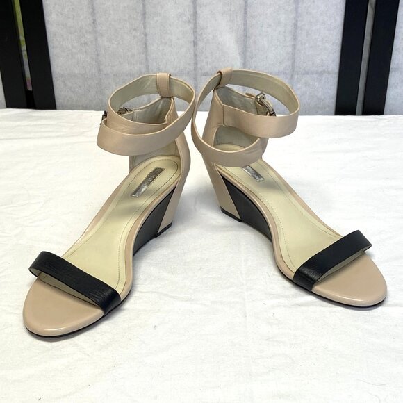 BCBGeneration Low Wedge Ankle Wrap Strap Leather Upper Vivian Sandal Blush Black - Picture 1 of 12